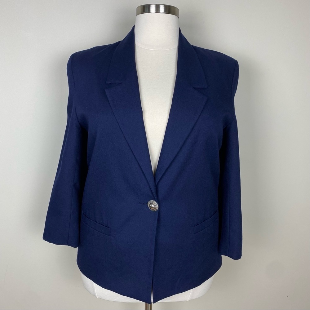 Pyke Limited Vintage Blazer Jacket Size 16 Lined Navy Blue Shoulder Pads Pockets